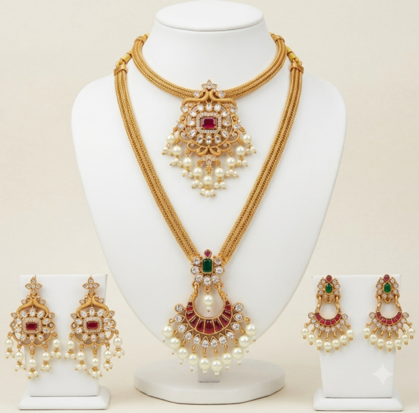South Indian matte gold Kundan long haram and ruby pearl choker necklace combo with two pairs of earrings