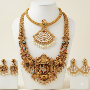 South Indian antique gold temple haram and pearl choker combo with two pairs of matching earrings