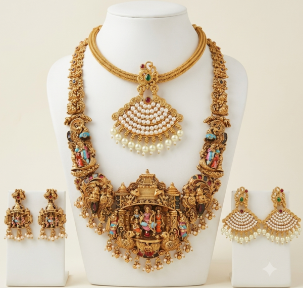 South Indian antique gold temple haram and pearl choker combo with two pairs of matching earrings