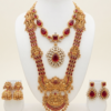 Traditional gold plated temple jewellery set with long haar, necklace and earrings in ruby red