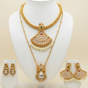 Traditional antique gold pearl choker and long pendant necklace combo with two pairs of earrings