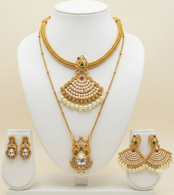 Traditional antique gold pearl choker and long pendant necklace combo with two pairs of earrings
