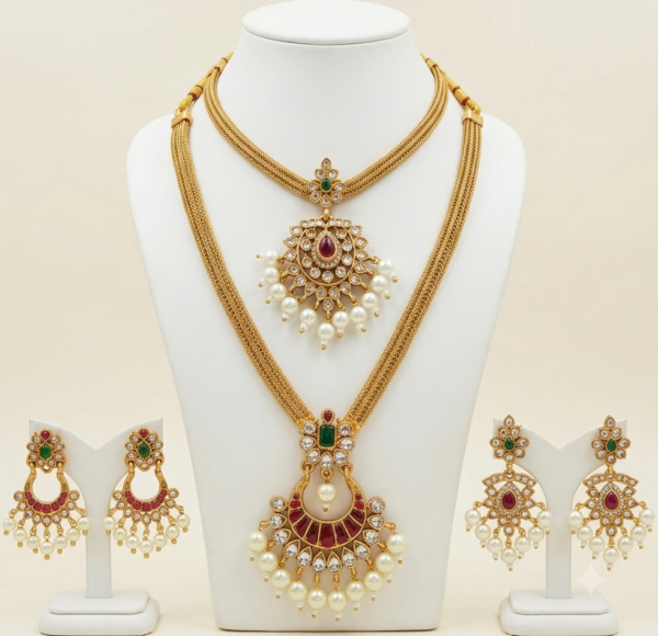 Traditional antique gold long haram and short pendant necklace combo with two pairs of pearl drop earrings