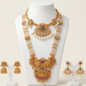 South Indian antique gold pearl haram and peacock choker combo with jhumka and pearl drop earrings