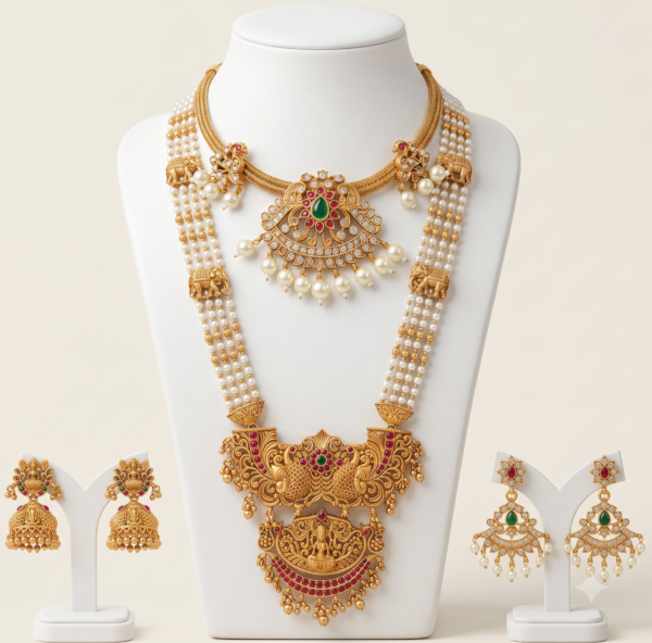 South Indian antique gold pearl haram and peacock choker combo with jhumka and pearl drop earrings