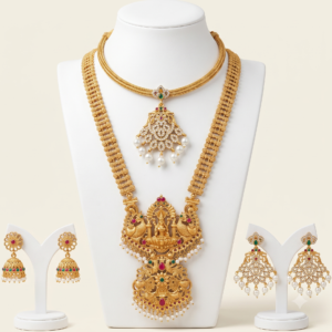 South Indian antique gold temple haram and short pendant necklace combo with jhumka and pearl drop earrings