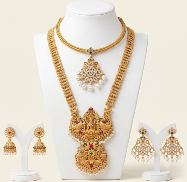 South Indian antique gold temple haram and short pendant necklace combo with jhumka and pearl drop earrings