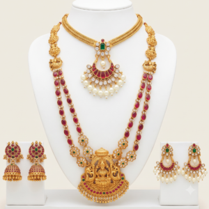 South Indian matte gold finish Lakshmi temple haram and short necklace combo with two pairs of earrings
