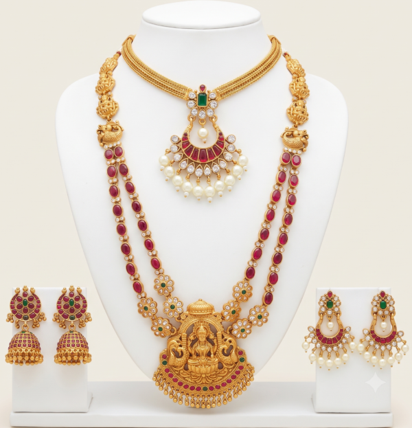 South Indian matte gold finish Lakshmi temple haram and short necklace combo with two pairs of earrings
