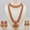 Traditional gold plated long haar and choker jewellery set with earrings in ruby red