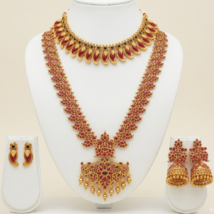 Traditional gold plated long haar and mango choker jewellery set in ruby red with earrings
