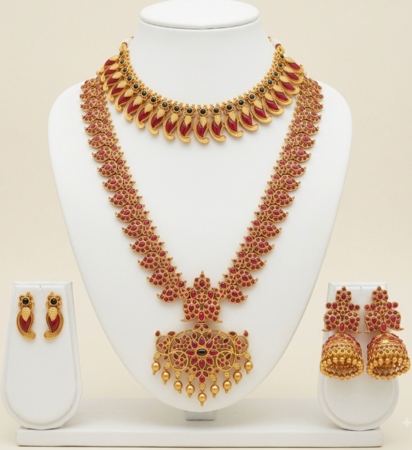 Traditional gold plated long haar and mango choker jewellery set in ruby red with earrings