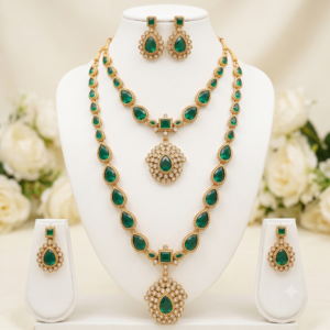 Emerald Green Kundan-Style Long & Short Necklace Combo Set with Matching Earrings