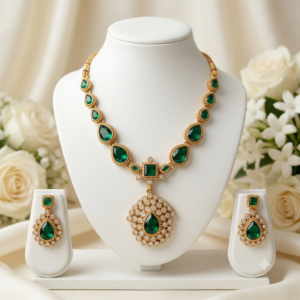 Emerald Green Kundan-Style Pendant Necklace Set with White Stones & Matching Earrings