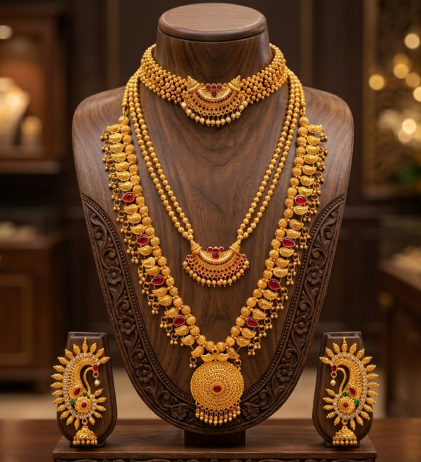 Maharashtrian gold plated Thushi and Saaj necklace combo set with matching earrings for women