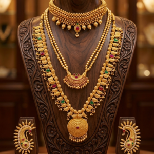 Maharashtrian gold plated Kolhapuri Saaj Thushi and Half Moon pendant necklace combo with ear cuffs