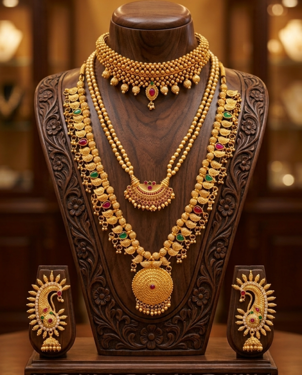 Maharashtrian gold plated Kolhapuri Saaj Thushi and Half Moon pendant necklace combo with ear cuffs