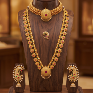 Maharashtrian gold plated Thushi and long necklace combo with peacock ear cuffs and traditional Nath for women
