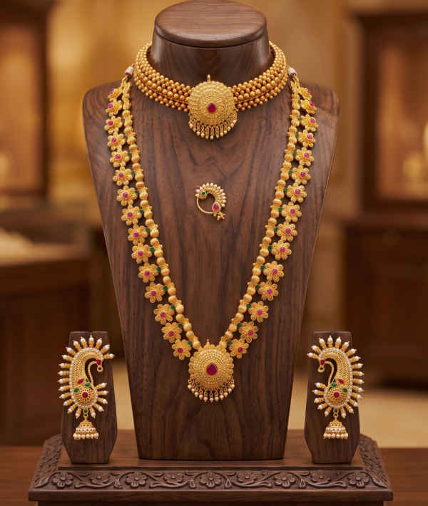 Maharashtrian gold plated Thushi and long necklace combo with peacock ear cuffs and traditional Nath for women