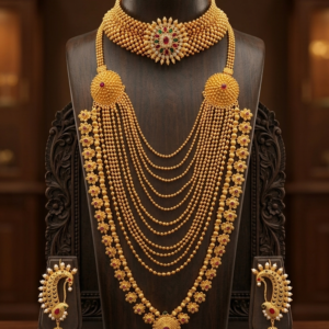 Maharashtrian gold plated Thushi and multi-layer Rani Haar necklace combo with traditional ear cuffs