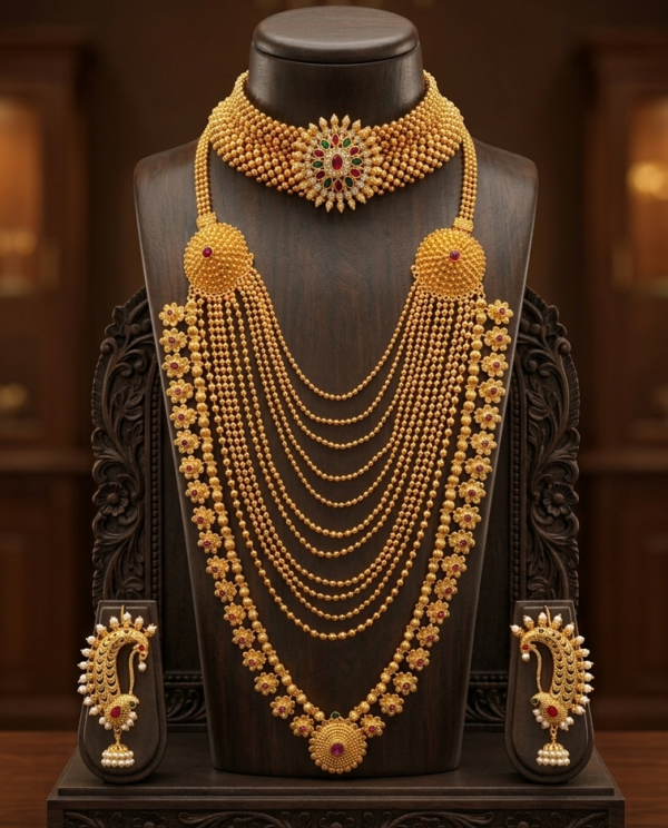 Maharashtrian gold plated Thushi and multi-layer Rani Haar necklace combo with traditional ear cuffs