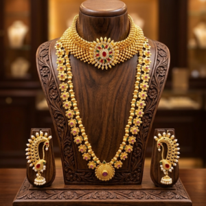 Maharashtrian gold plated Thushi and long floral Haar necklace combo with peacock-style ear cuffs