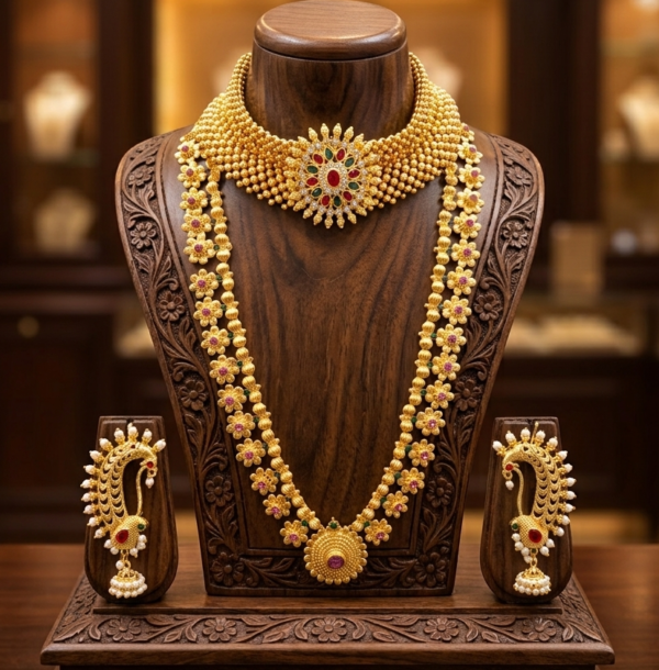 Maharashtrian gold plated Thushi and long floral Haar necklace combo with peacock-style ear cuffs