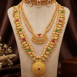Maharashtrian gold plated Thushi, long Kolhapuri Saaj and Half Moon pendant necklace combo for women
