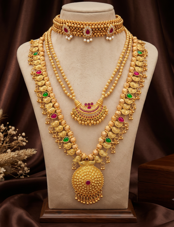Maharashtrian gold plated Thushi, long Kolhapuri Saaj and Half Moon pendant necklace combo for women