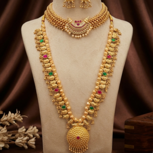 Maharashtrian gold plated long Kolhapuri Saaj and Thushi necklace set with matching earrings for women