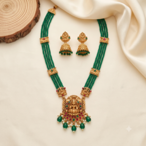 Four-Strand Lakshmi Beaded Long Haram Set with Jhumka Earrings – Green & Ruby