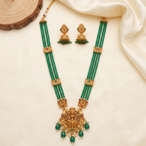 Lotus Lakshmi Four-Line Bead Haram with Teardrop Drops & Jhumkas – 2 Colours