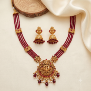 Round Lakshmi Medallion Four-Strand Bead Haram with Jhumkas – 2 Colours