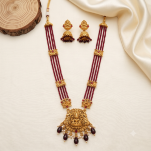 Four-Strand Lakshmi Lotus Bead Haram with Teardrop Drops & Jhumkas – 2 Colours
