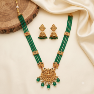 Scalloped Lakshmi Four-Line Bead Haram with Jhumkas – 2 Colours