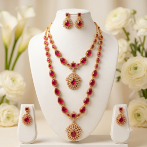 Ruby Red Teardrop Kundan Long & Short Necklace Combo Set with Matching Earrings