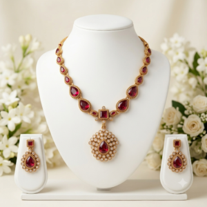 Ruby Red Kundan-Style Pendant Necklace Set with White Stones & Matching Earrings