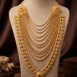 Maharashtrian gold plated multi layer Rani Haar necklace with floral motifs and ruby green stones for women