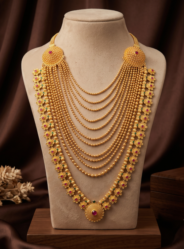 Maharashtrian gold plated multi layer Rani Haar necklace with floral motifs and ruby green stones for women