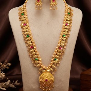 Maharashtrian gold plated long Kolhapuri Saaj necklace with ruby green stone accents and matching earrings