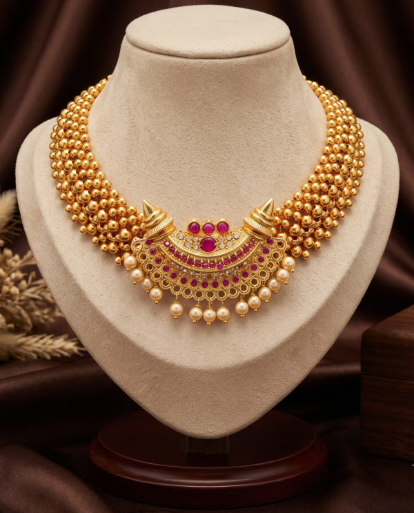 Maharashtrian gold plated Thushi necklace with half moon pendant, ruby-colour stones and pearl-style beads