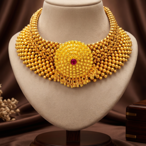 Maharashtrian gold plated traditional Thushi choker necklace with multi-row golden beads and round ruby centrepiece