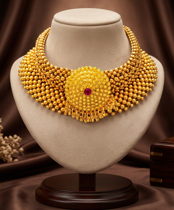 Maharashtrian gold plated traditional Thushi choker necklace with multi-row golden beads and round ruby centrepiece