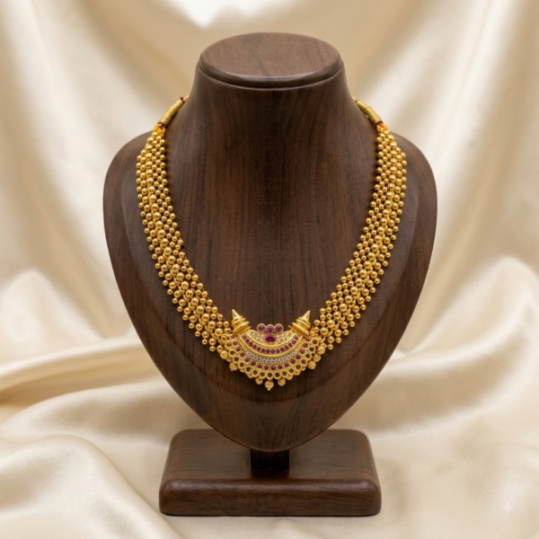 Maharashtrian gold plated Thushi necklace with traditional ruby and white stone pendant for women
