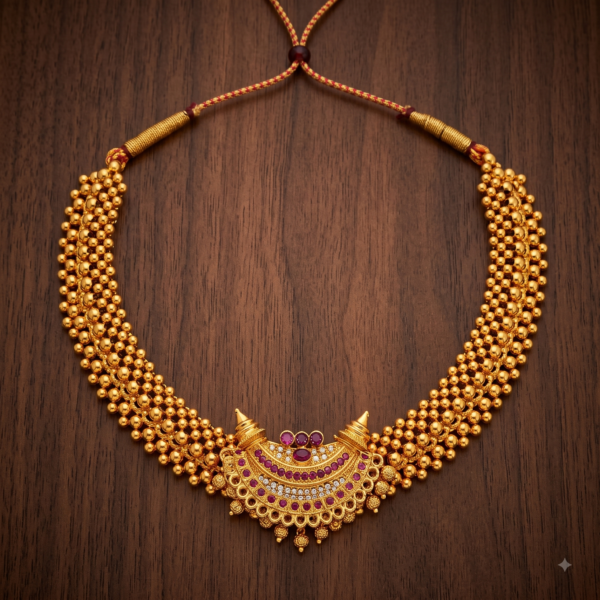 Maharashtrian gold plated Thushi necklace with traditional ruby and white stone pendant for women