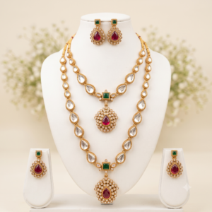 White Kundan-Style Long and Short Necklace Combo Set with Ruby Pendant & Matching Earrings
