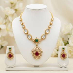 White Kundan Pendant Necklace Set with Ruby Red Drop, Green Stone & Matching Earrings