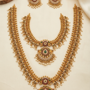 Ruby Emerald Peacock Pearl Bridal Combo Set with Long Haram & Short Necklace