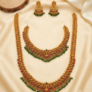 Antique Gold Peacock Temple Jewellery Combo Set with Long Haram, Short Necklace & Jhumka Earrings