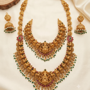Ruby Lotus Lakshmi Peacock Bridal Combo with Long Haram & Jhumkas